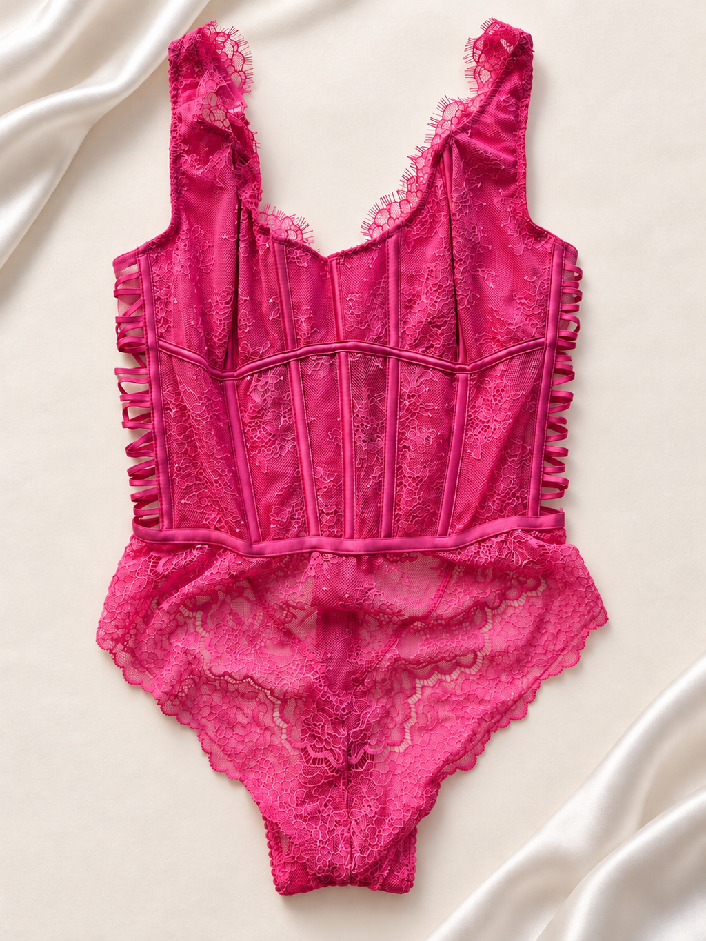 Body V'S Fucsia Corset de Encaje, vista frontal sobre fondo marfil