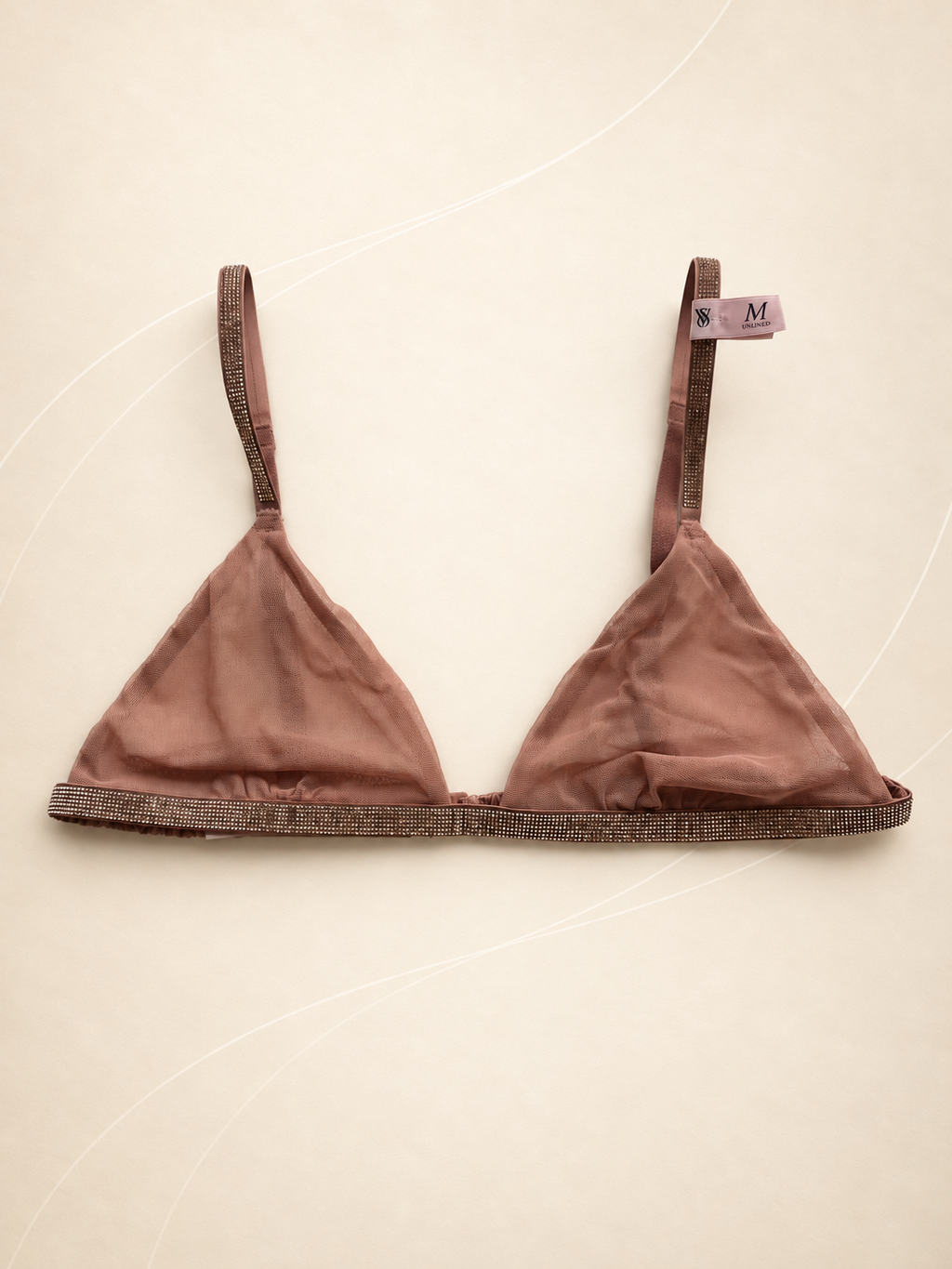 Corpiño V'S Marrón satinado de triángulos con strass, vista frontal