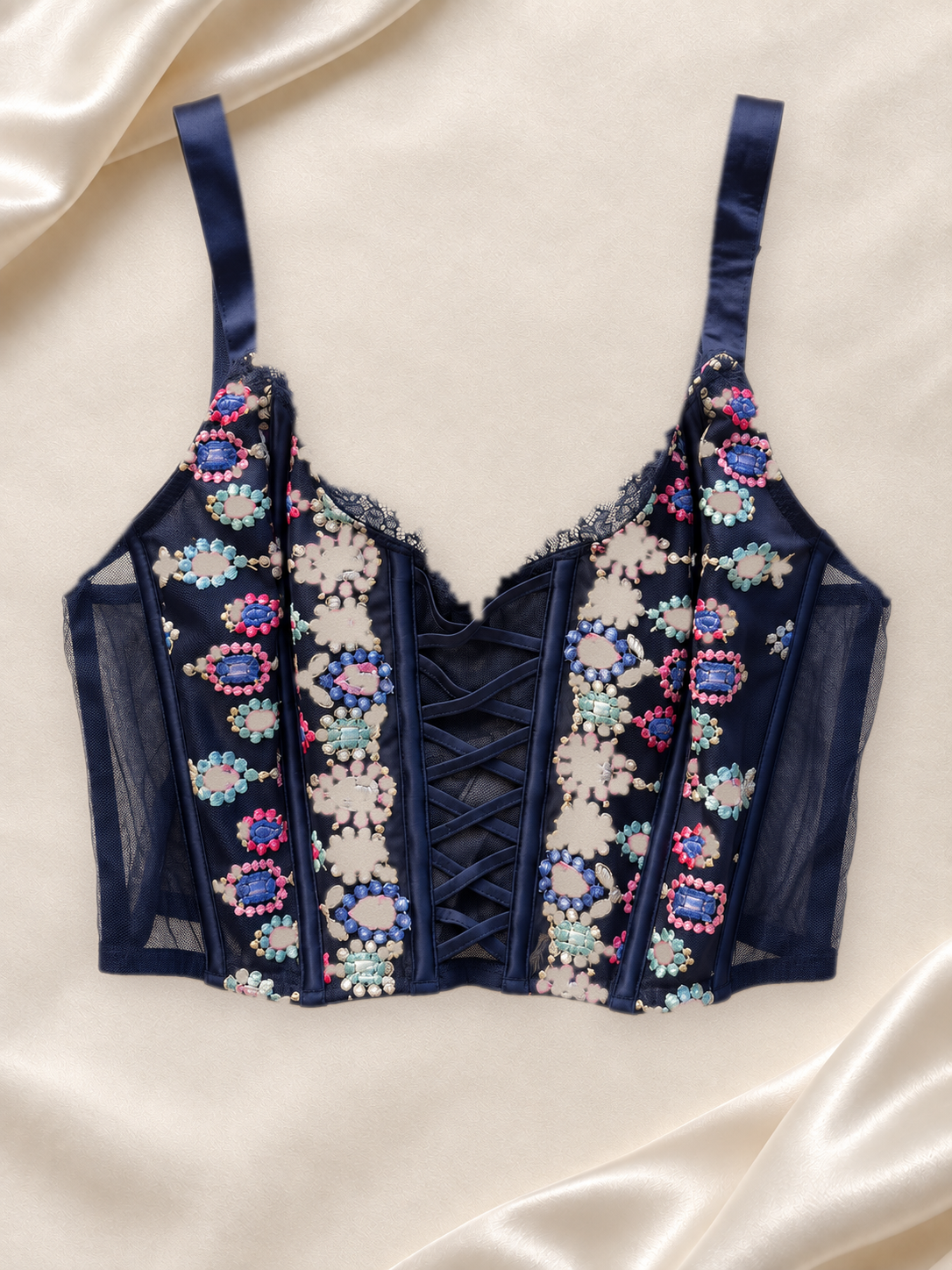 Corset V'S Azul Marino Bordado, vista frontal sobre fondo marfil