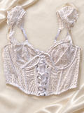 Corset V'S Blanco de Encaje Cruzado, vista dorsal sobre fondo marfil