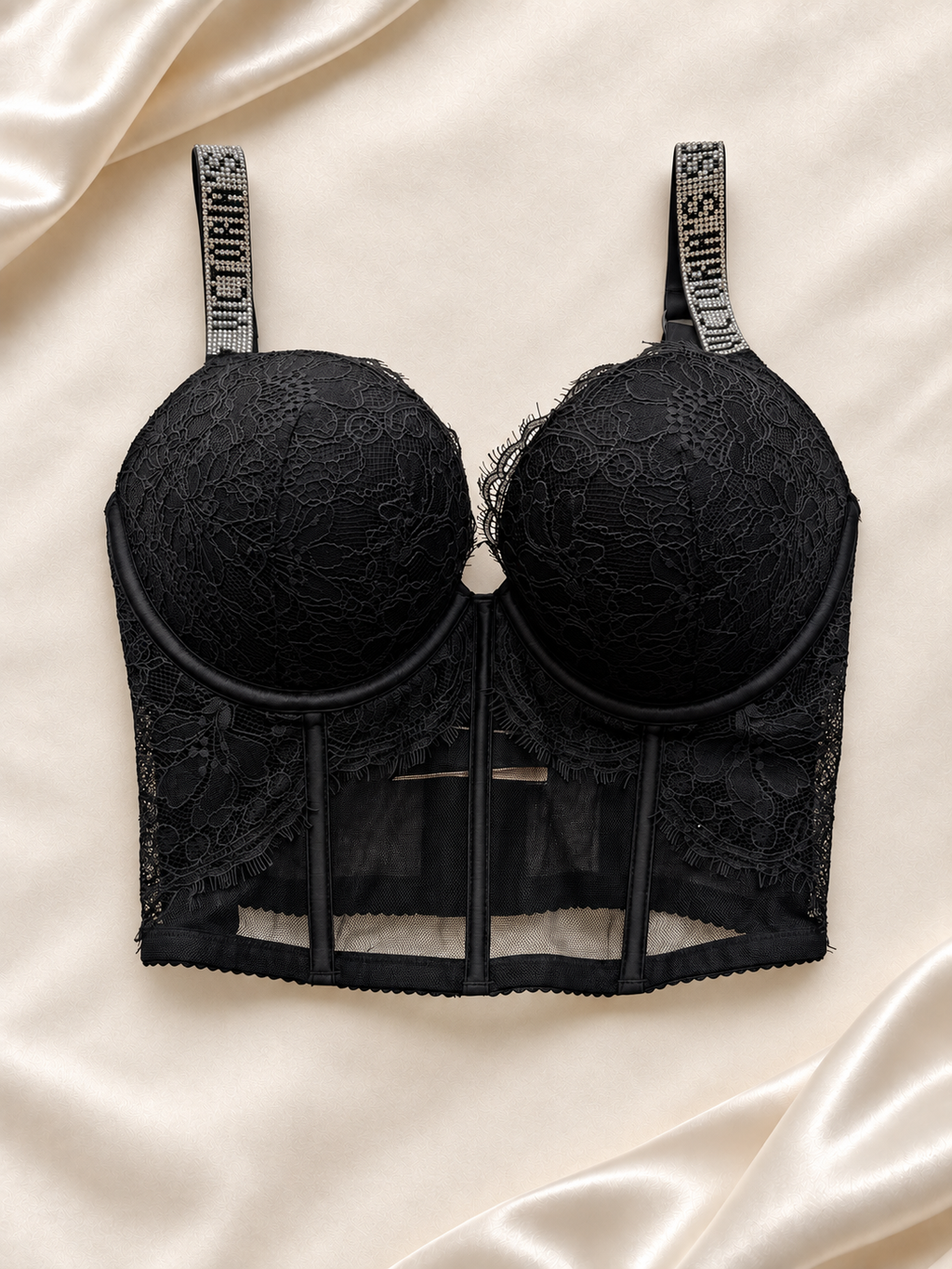 Corset V'S Negro de Encaje con Breteles Logo, vista frontal