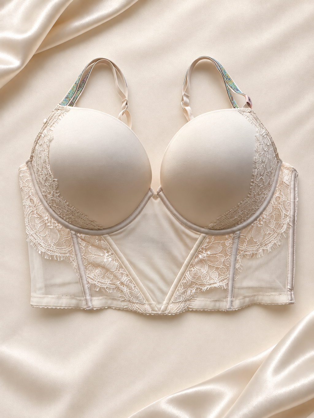 Corset Marfil de Encaje con Breteles Brillantes, vista frontal