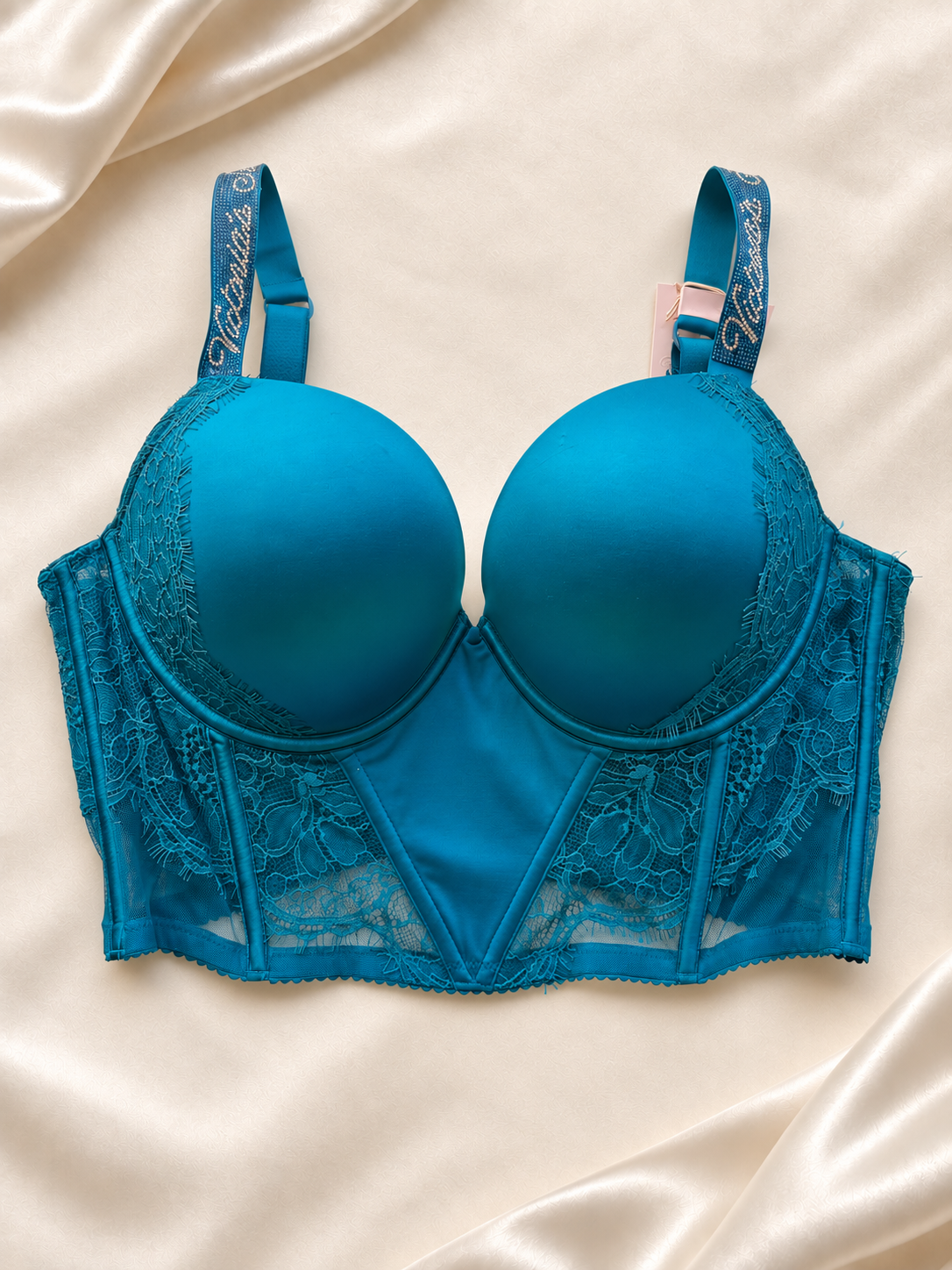 Corset Turquesa con Copas Lisas y Encaje, vista frontal