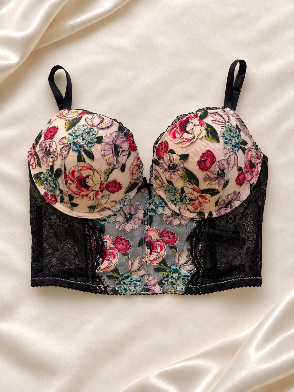 Corset Negro con Copas Florales y Encaje, vista frontal