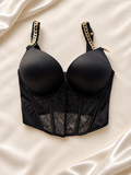Corset Negro con Breteles de Cadena Dorada, vista frontal