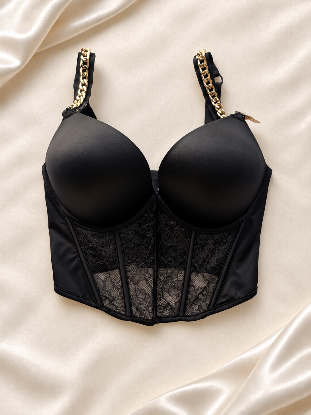Corset Negro con Breteles de Cadena Dorada, vista frontal