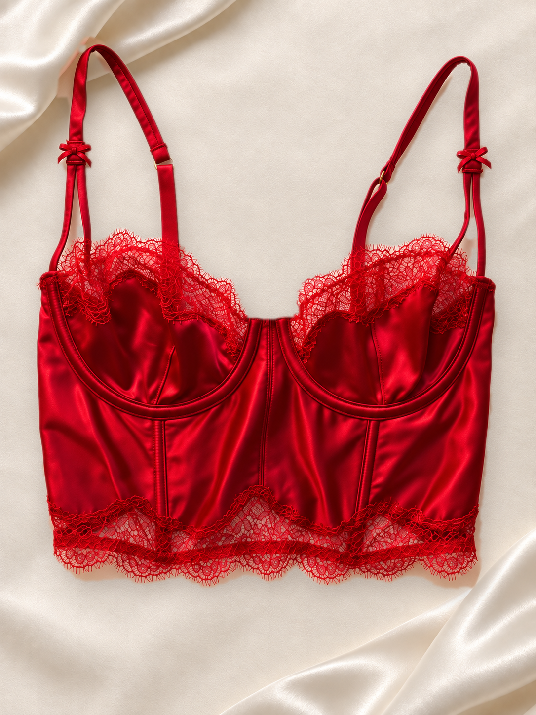 Corset V'S Rojo Satinado con Encaje, vista frontal sobre fondo marfil