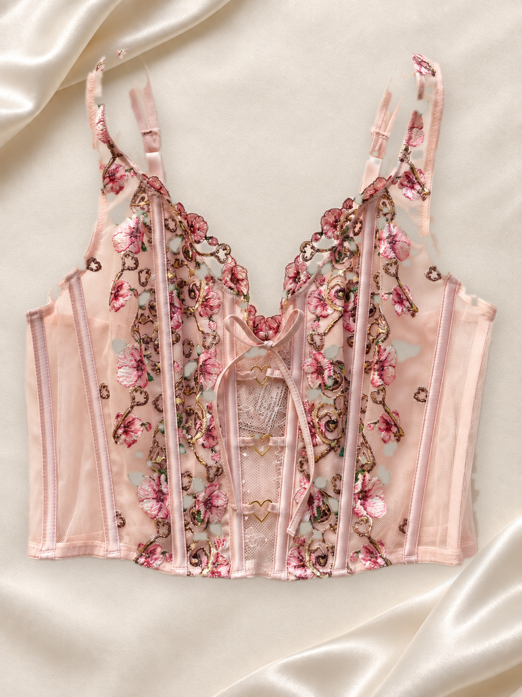Corset V'S Rosa con Bordado Floral, vista frontal sobre fondo marfil