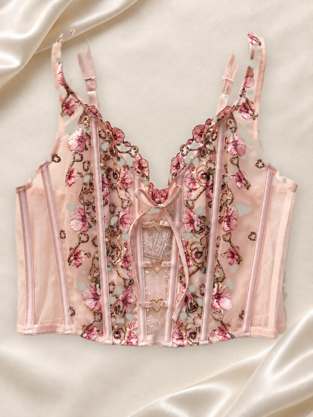 Corset V'S Rosa con Bordado Floral, vista frontal sobre fondo marfil