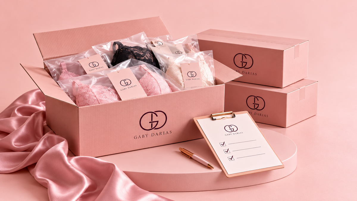 Packaging mayorista de Gabydarias con cajas y prendas de lencería