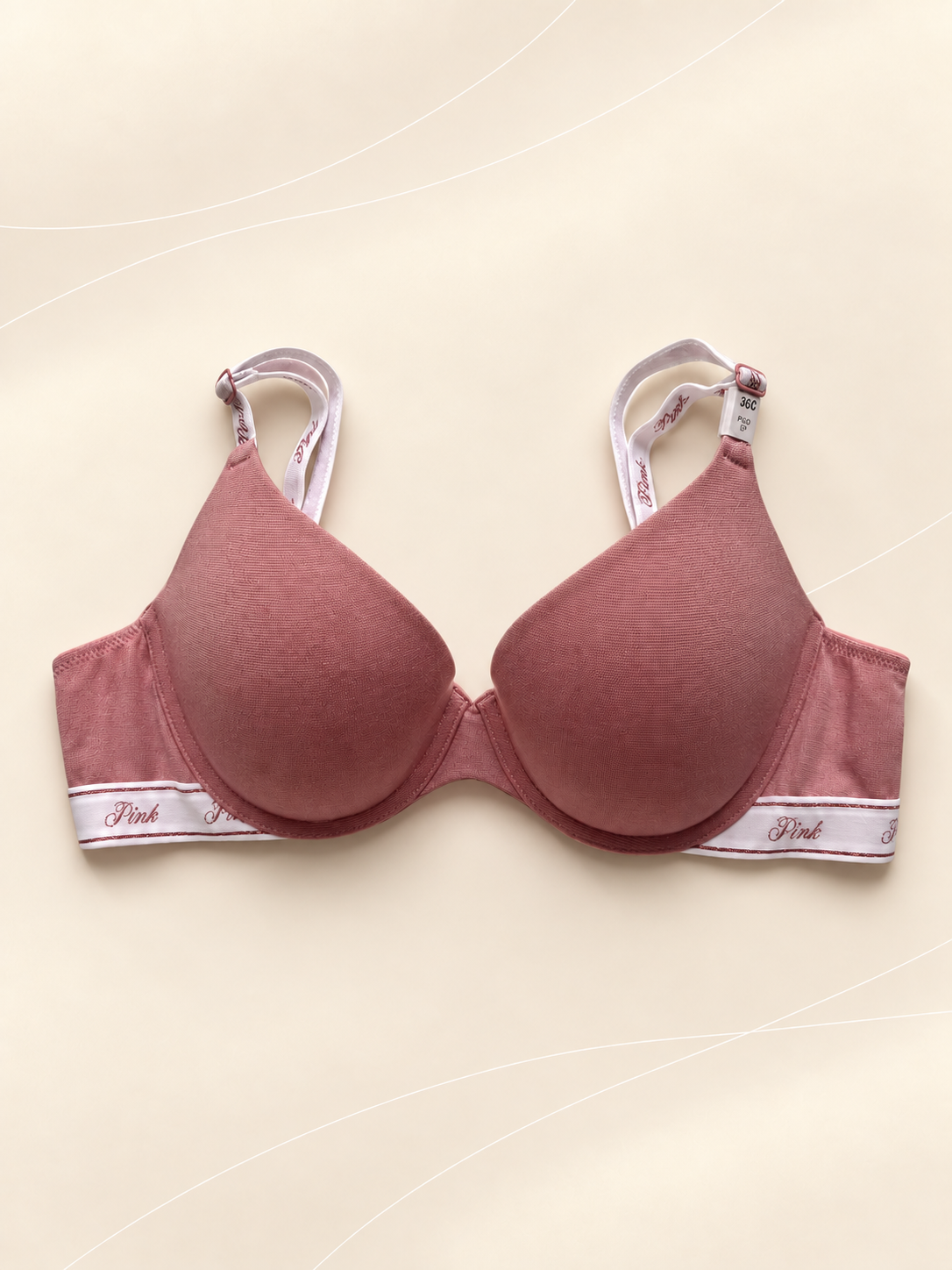 Corpiño Pink Push Up Rosa Viejo con Banda Logo, vista frente