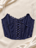 Corset V'S Azul Marino de Encaje con Cordón, vista frontal sobre fondo marfil