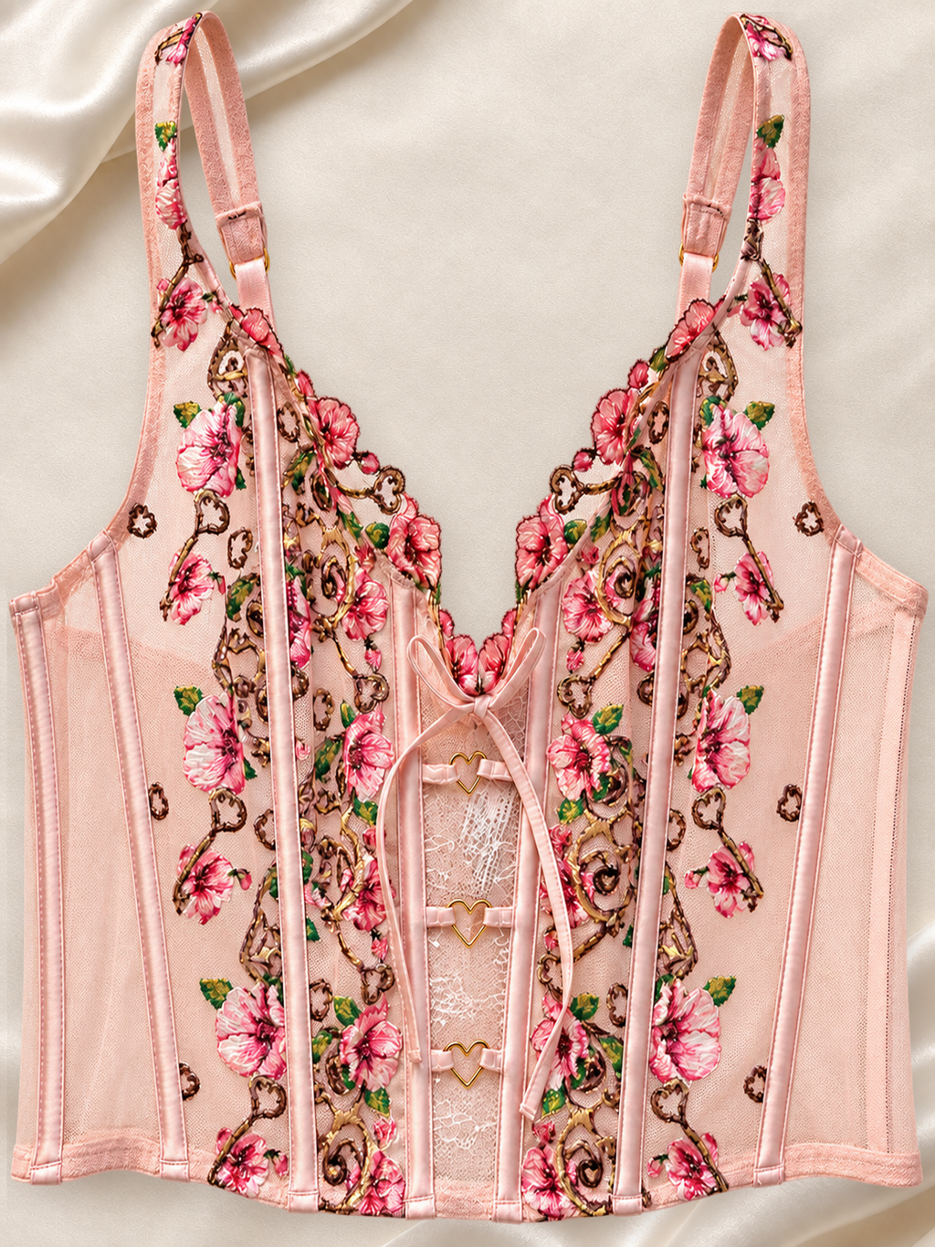 Corset V'S Floral Rosa de Tul con Lazo Satinado, vista frontal sobre fondo marfil