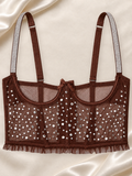 Top Bustier Marrón con Strass y Tul Transparente, vista frontal sobre fondo marfil