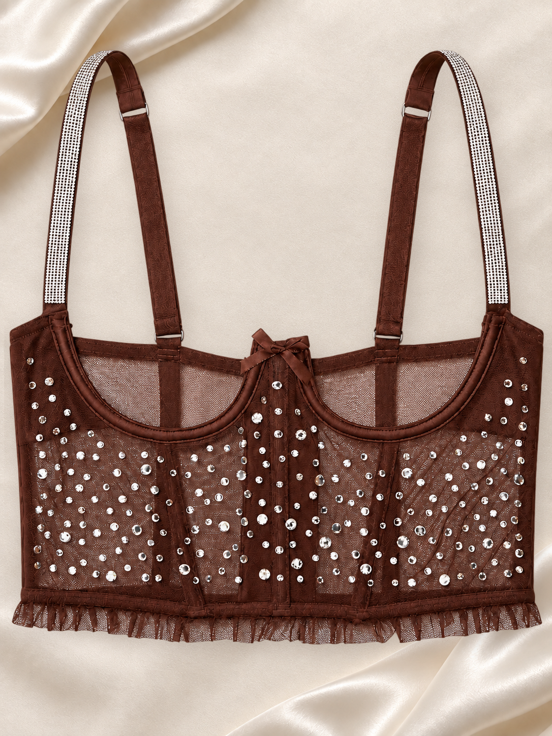 Top Bustier Marrón con Strass y Tul Transparente, vista frontal sobre fondo marfil