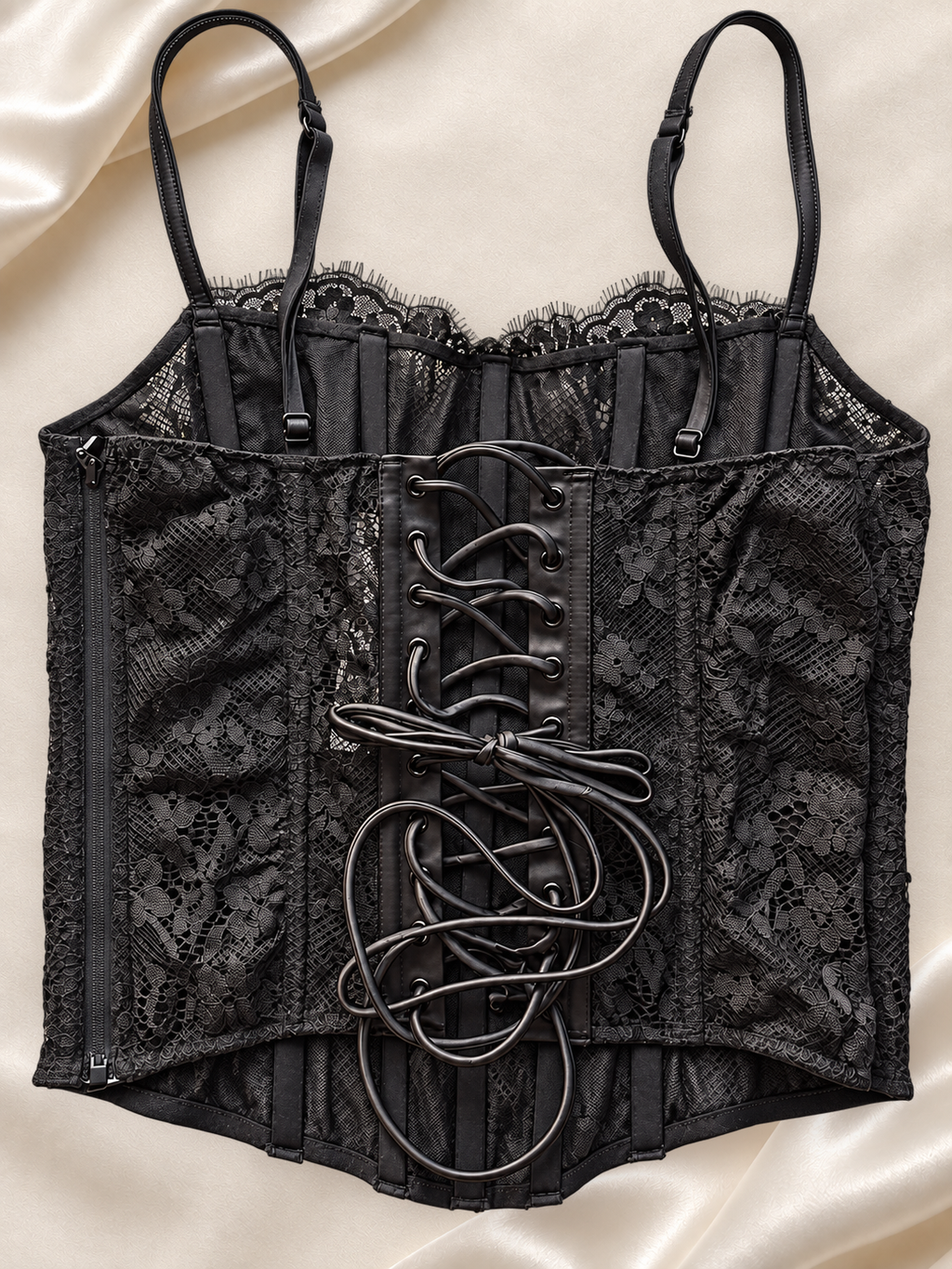 Corset V'S Negro de Encaje con Cordón, vista frontal sobre fondo marfil
