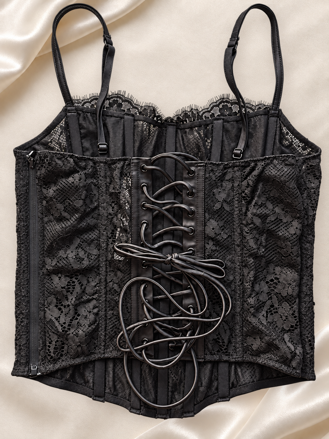 Corset V'S Negro de Encaje con Cordón, vista frontal sobre fondo marfil