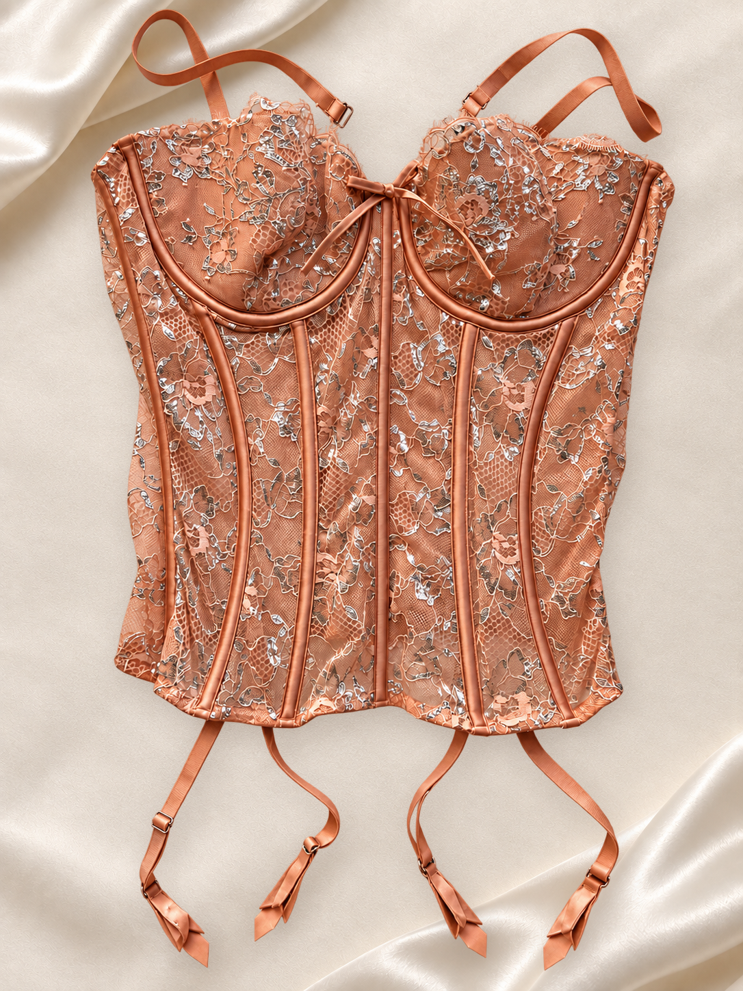 Corset V'S Nude de Encaje con Portaligas, vista frontal sobre fondo marfil