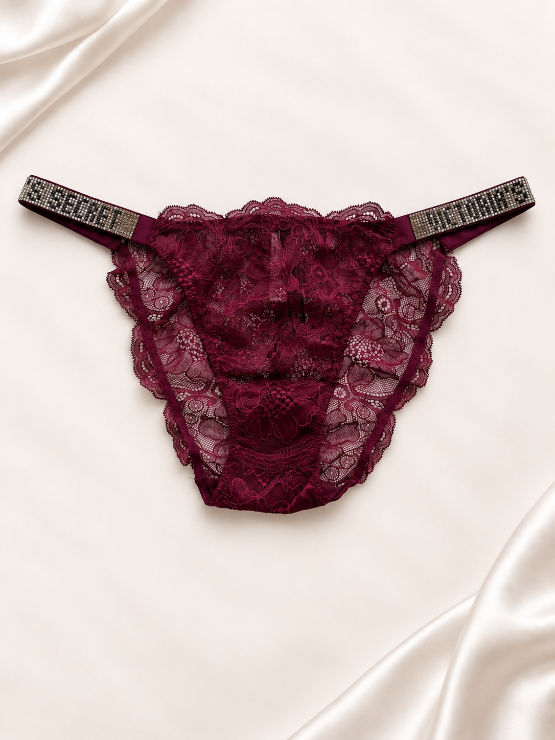 Panti V'S Bordó de encaje con bandas estampadas, vista posterior