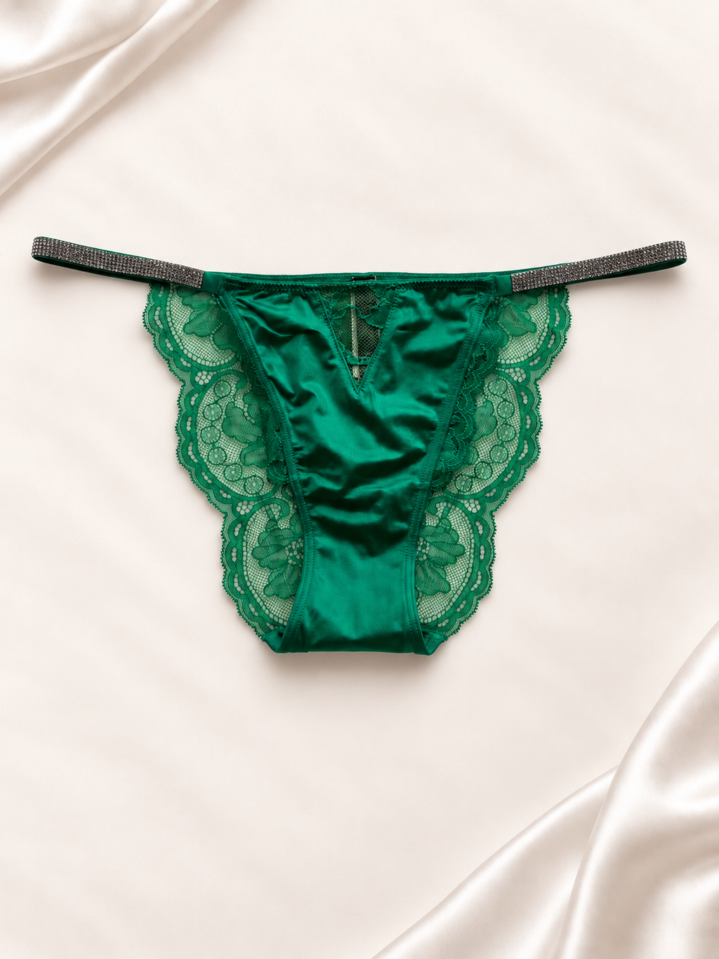 Panti V'S Verde esmeralda con encaje lateral, vista frontal