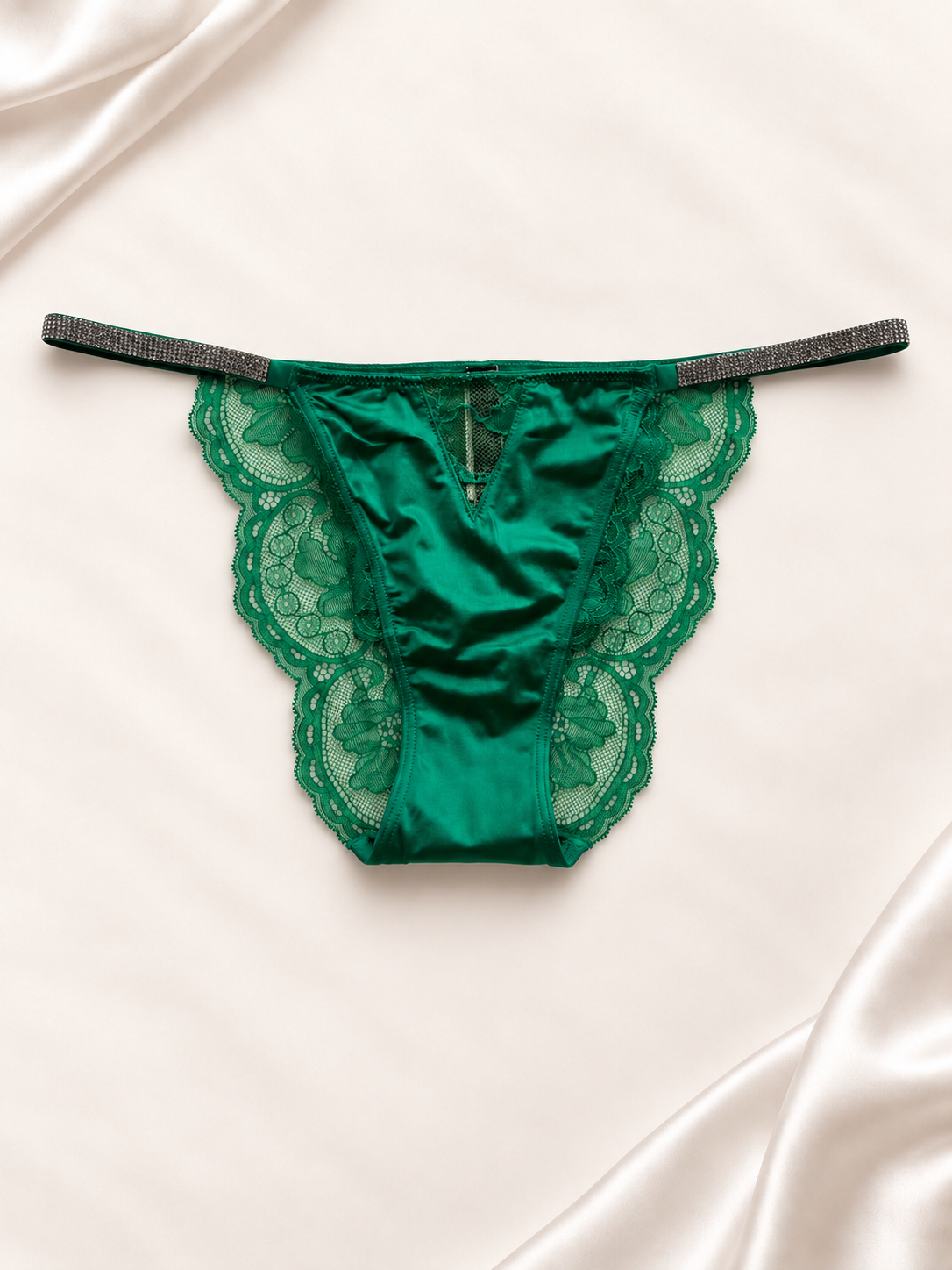 Panti V'S Verde esmeralda con encaje lateral, vista frontal
