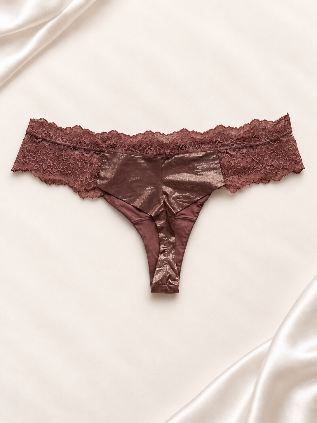 Panti V'S Marrón satinado con cintura de encaje, vista posterior