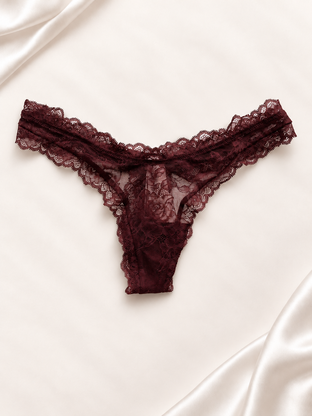 Panti V'S Bordó de encaje con laterales anchos, vista frontal