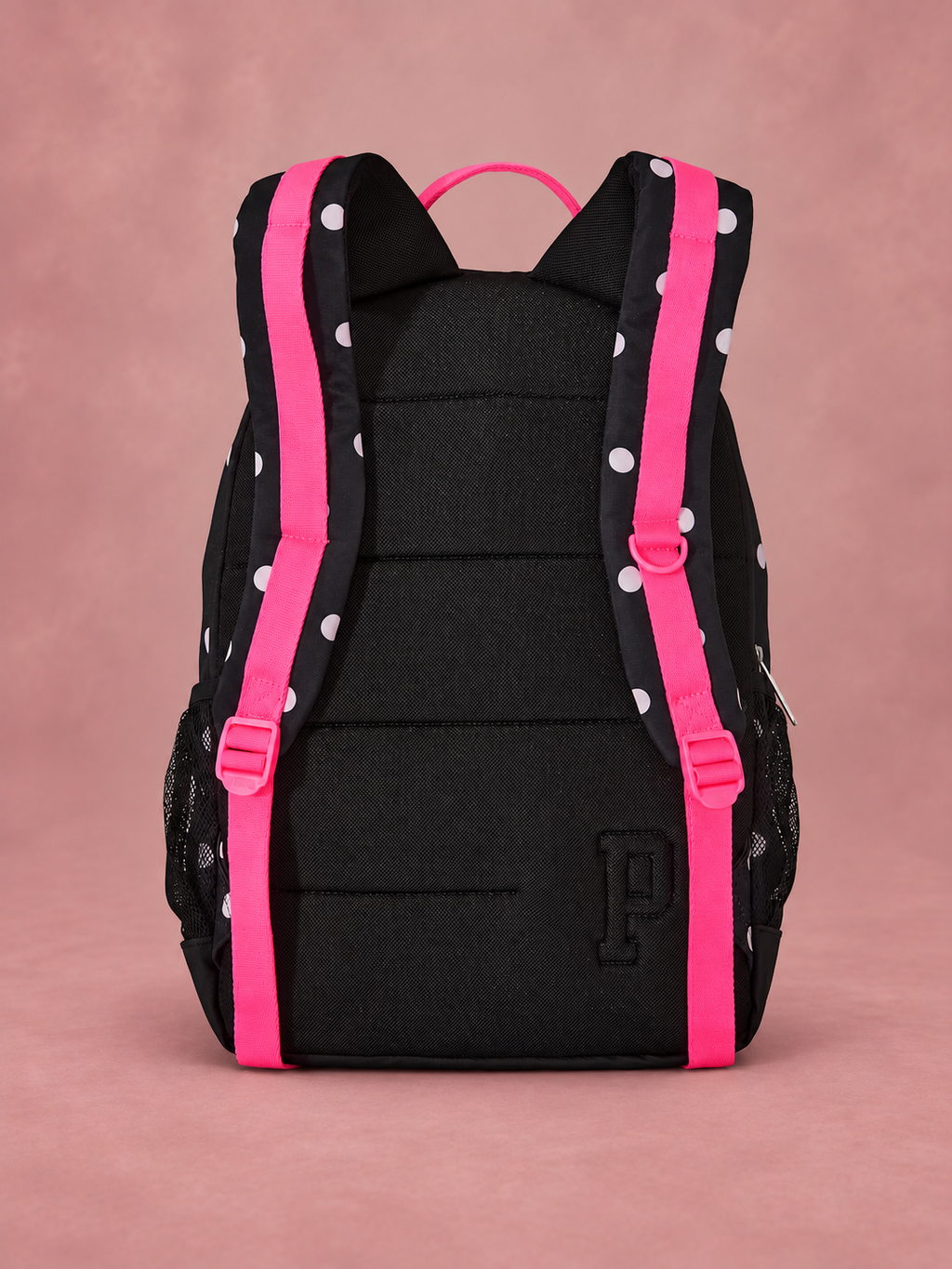 Dorso de mochila PINK negra con correas fucsia