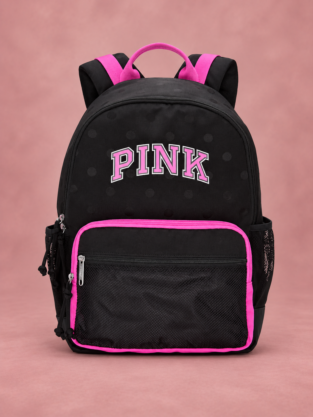 Frente de mochila PINK negra con detalles fucsia