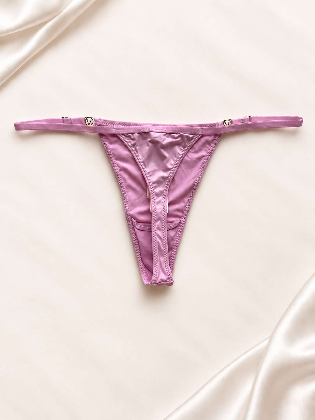 Panti V'S Rosa satinado de tiras finas, vista posterior