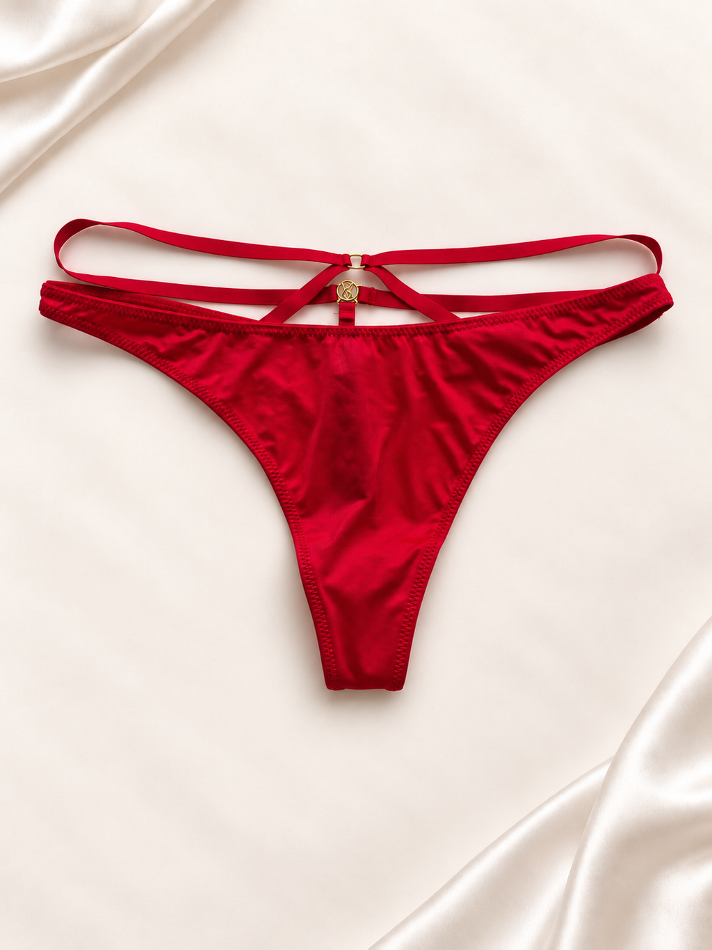 Panti V'S Rojo con tiras dobles y detalle dorado, vista frontal