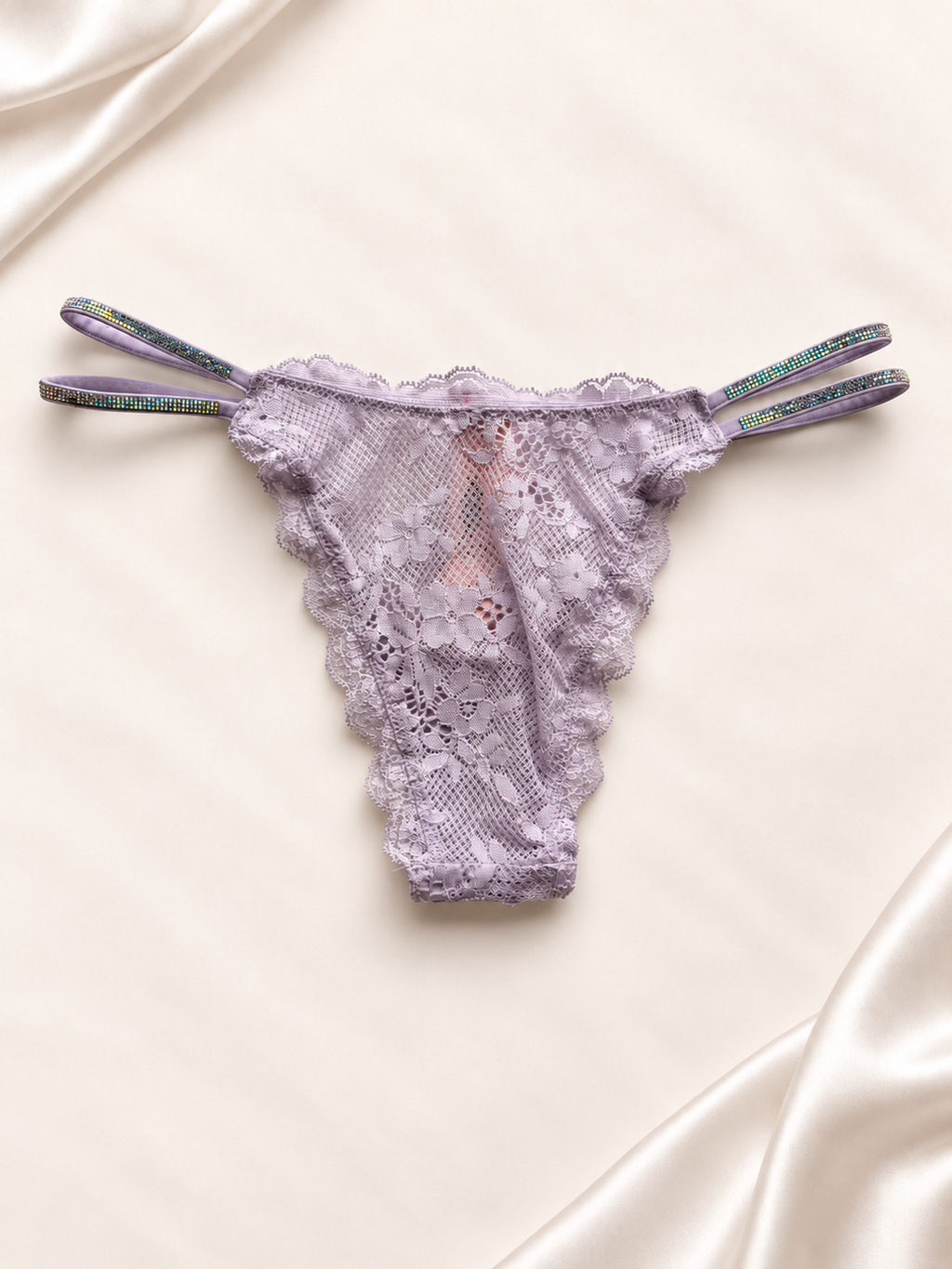 Panti V'S Lila de encaje con tiras dobles, vista posterior