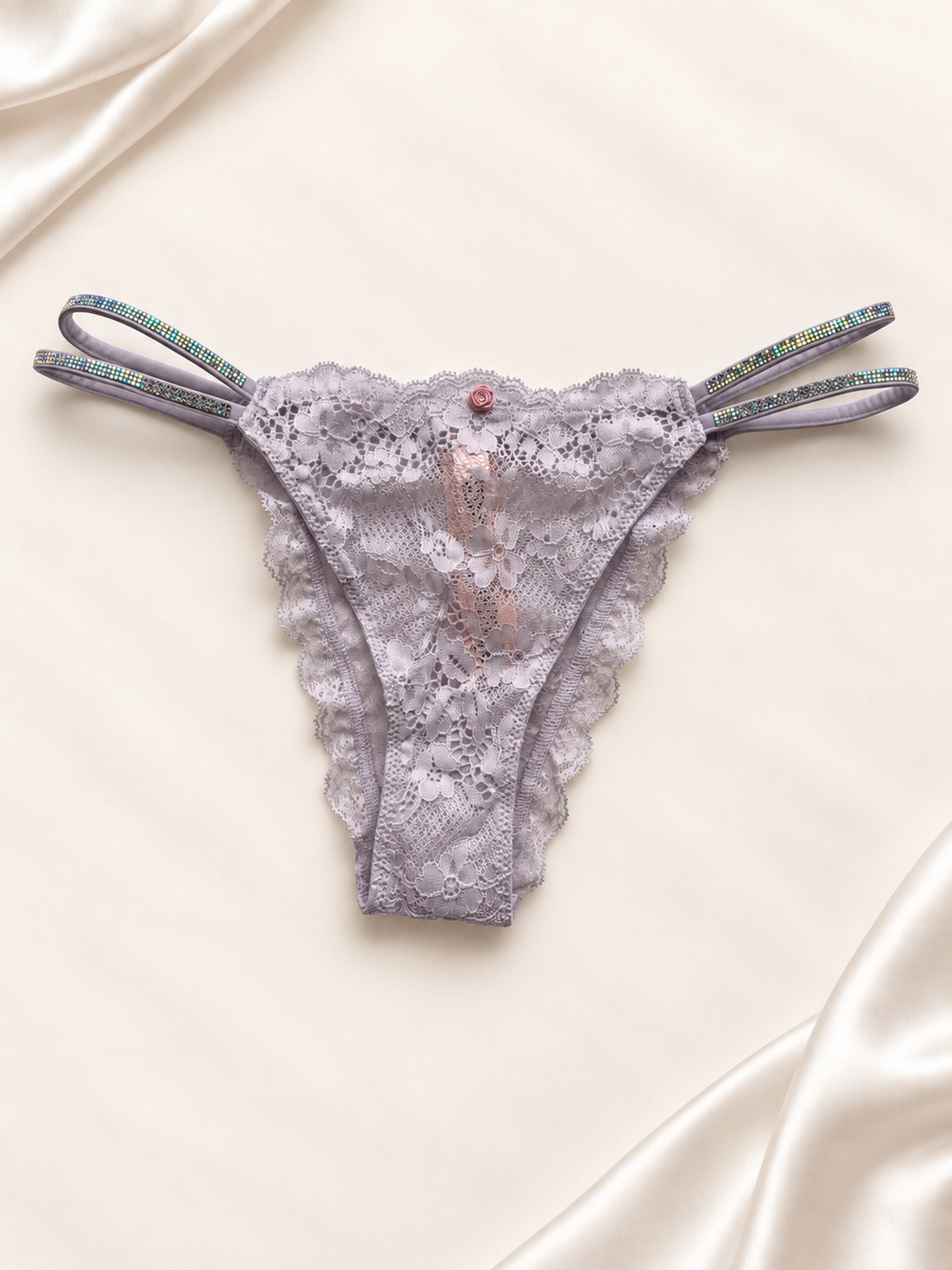 Panti V'S Lila de encaje con tiras dobles, vista frontal
