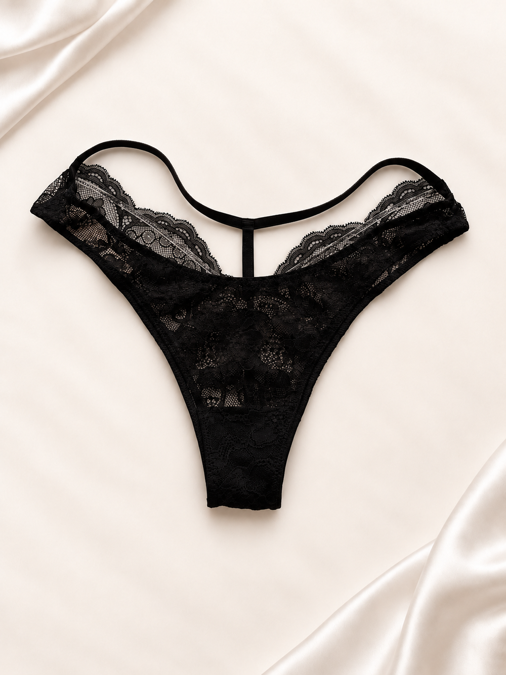 Panti V'S Negro de encaje con tiras en V, vista posterior