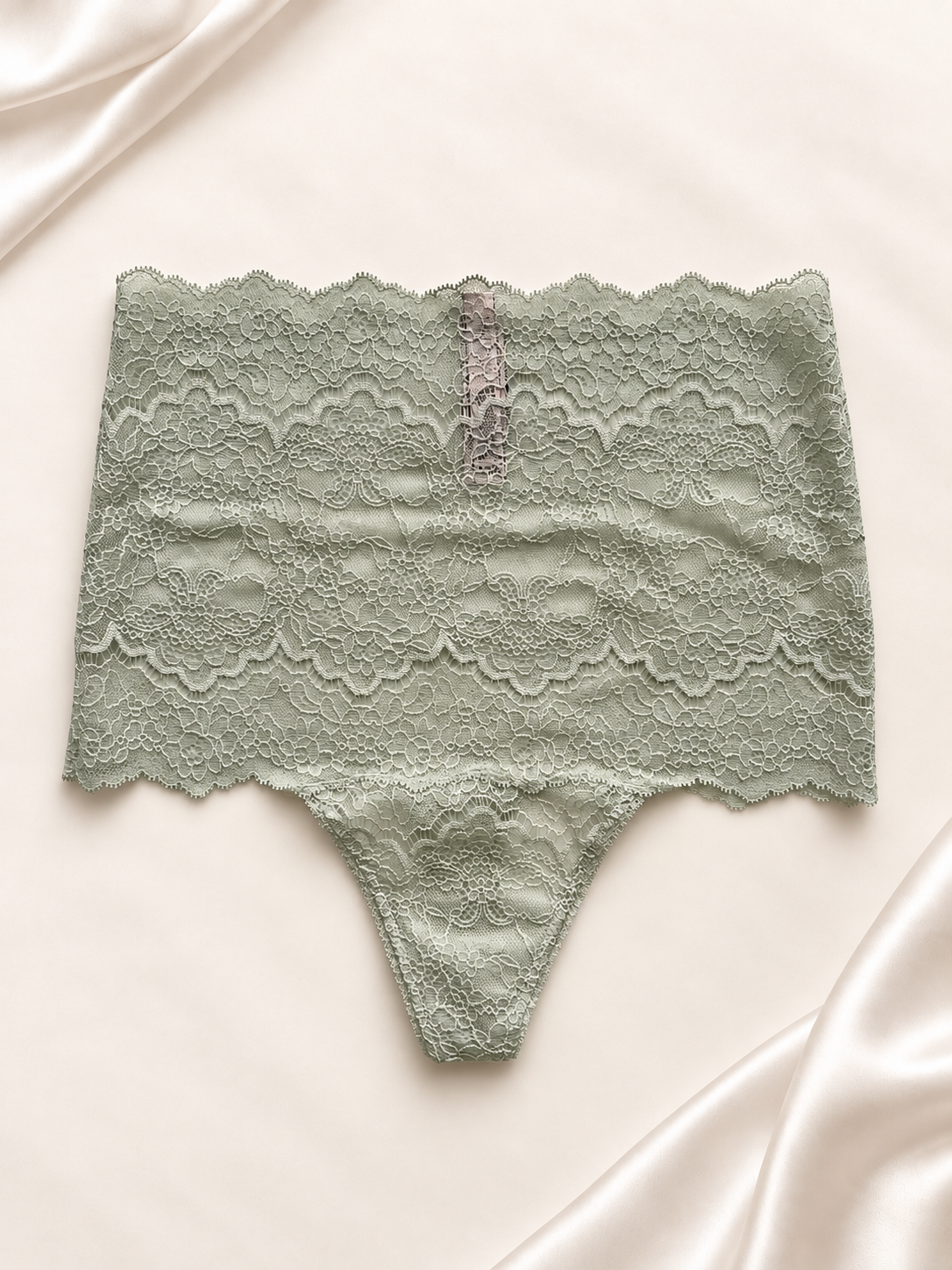 Panti V'S Verde salvia de cintura alta con encaje, vista frontal