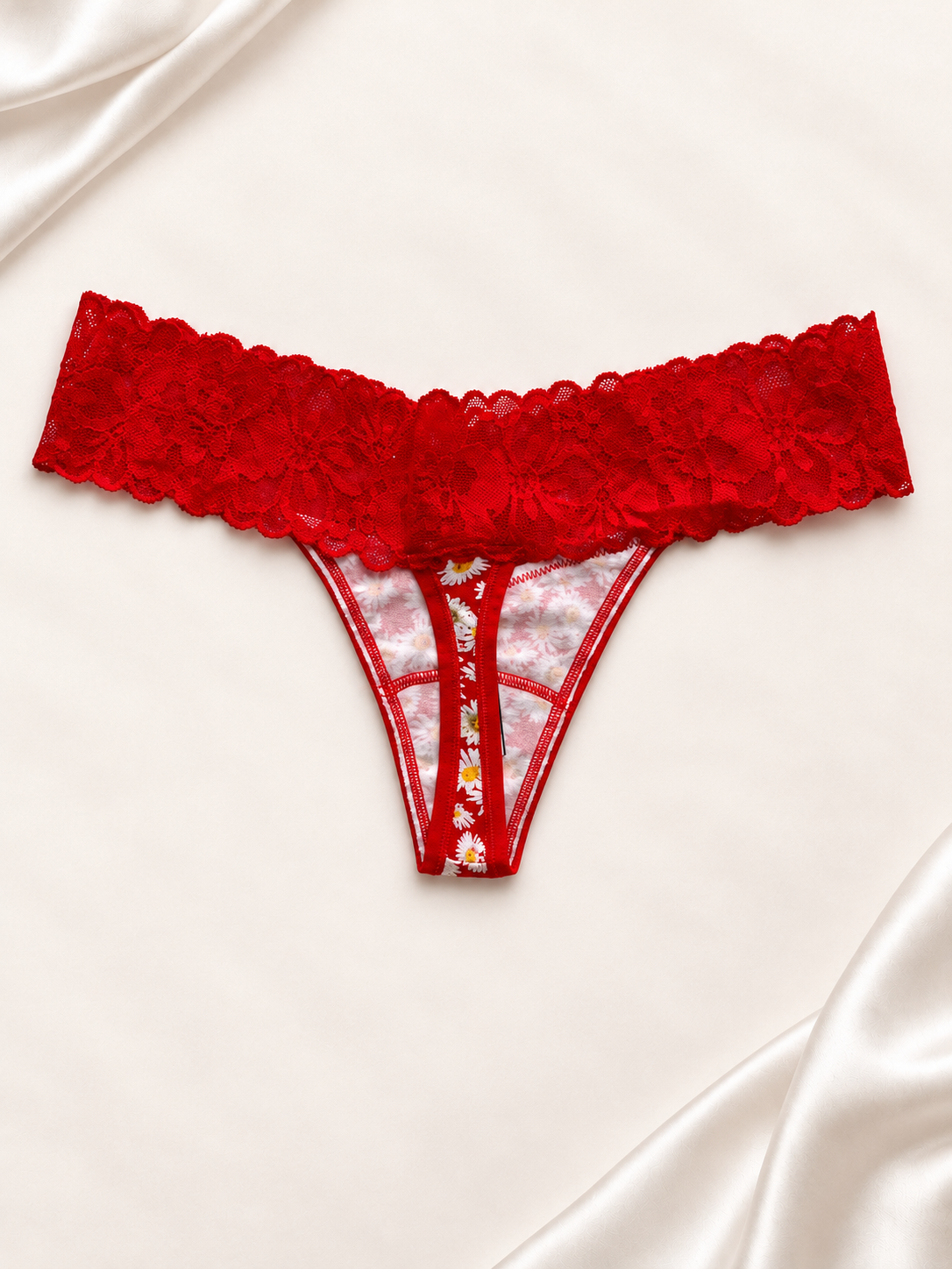 Panti V'S Rojo con flores y encaje, dorso