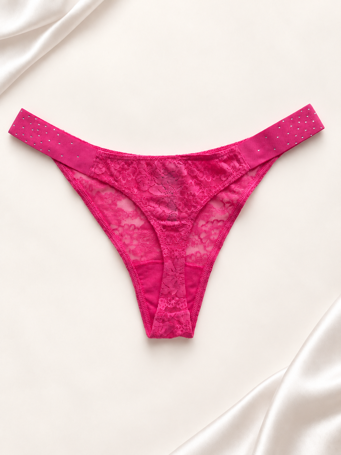 Panti de encaje con cintura de lunares fucsia, dorso