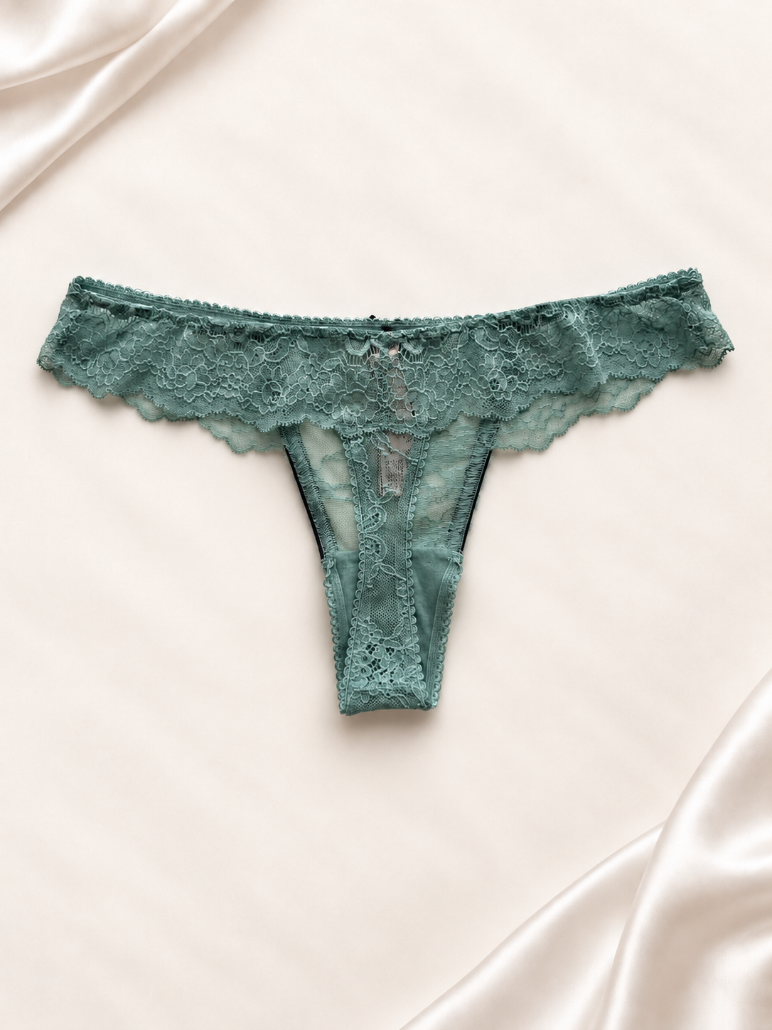 Panti V'S verde agua de encaje con moño, vista posterior