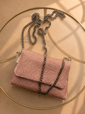 Cartera V'S de Fiesta Rosa con Brillos y Cadena Metálica
